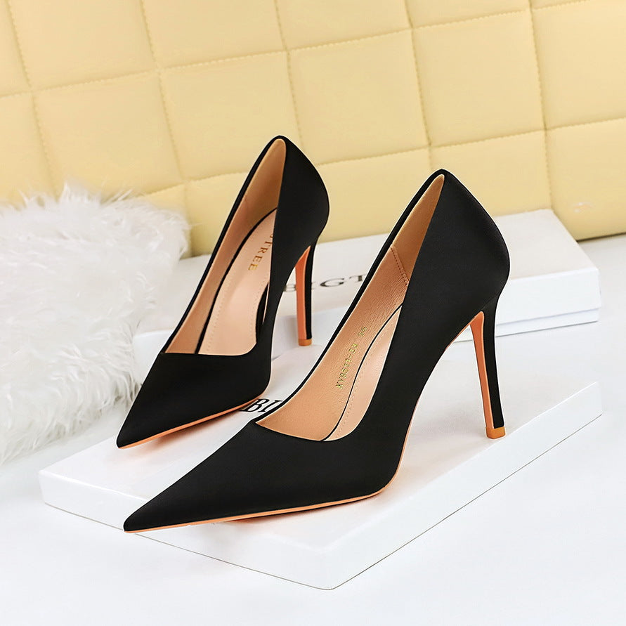 1983-2 Korean version of spring and autumn fashion simple satin high heels thin heels shallow mouth pointed women's shoes banquet high heels single shoes