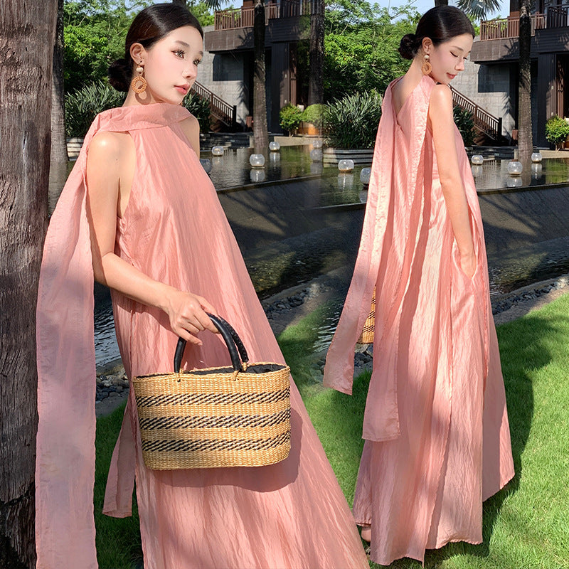 Seaside vacation Sanya travel wear high-end fairy temperament streamer sleeveless neck dress loose long dress
