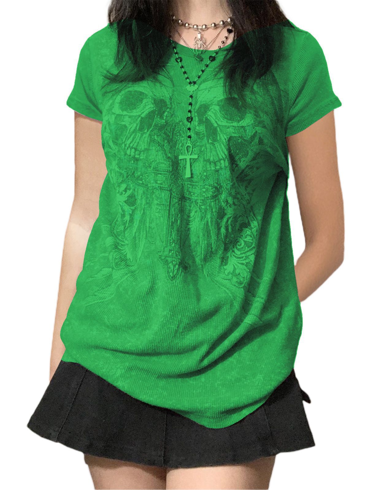 maoxiangshop 2000s fashion Summer New Casual Sweater T-shirt Halloween Skull Printed Short Sleeve Pullover Top Women's Clothing