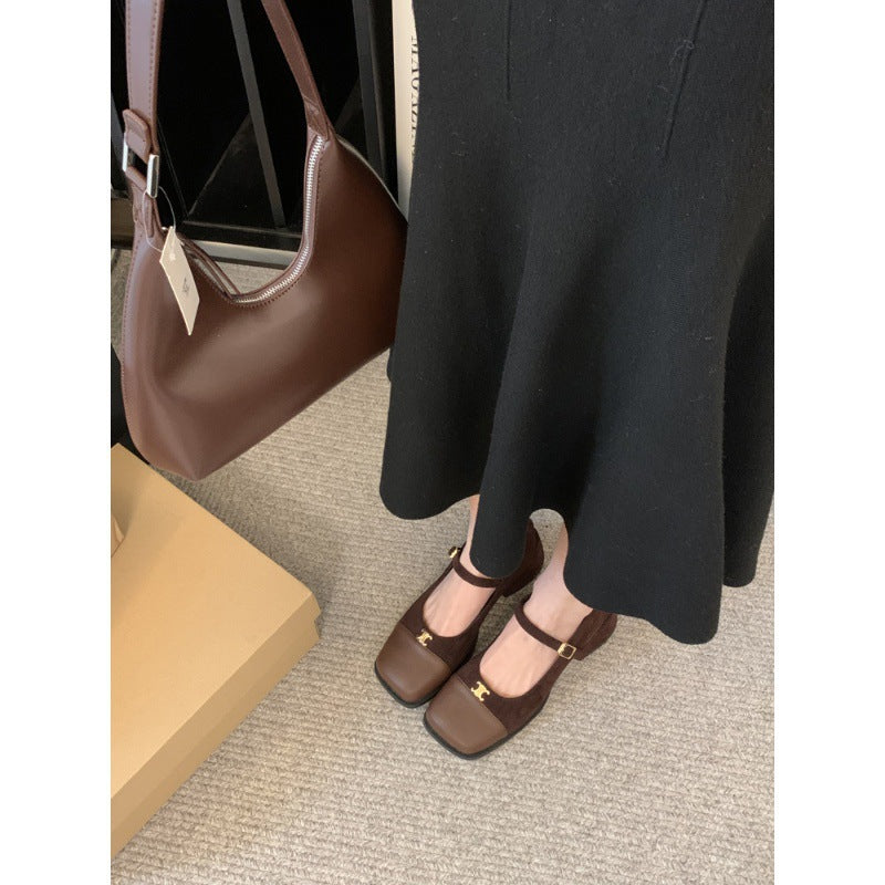 2025 Thick heel square head Mary Jane shoes suede popular new spring medium heel small leather shoes splicing one-word buckle strap single shoes women