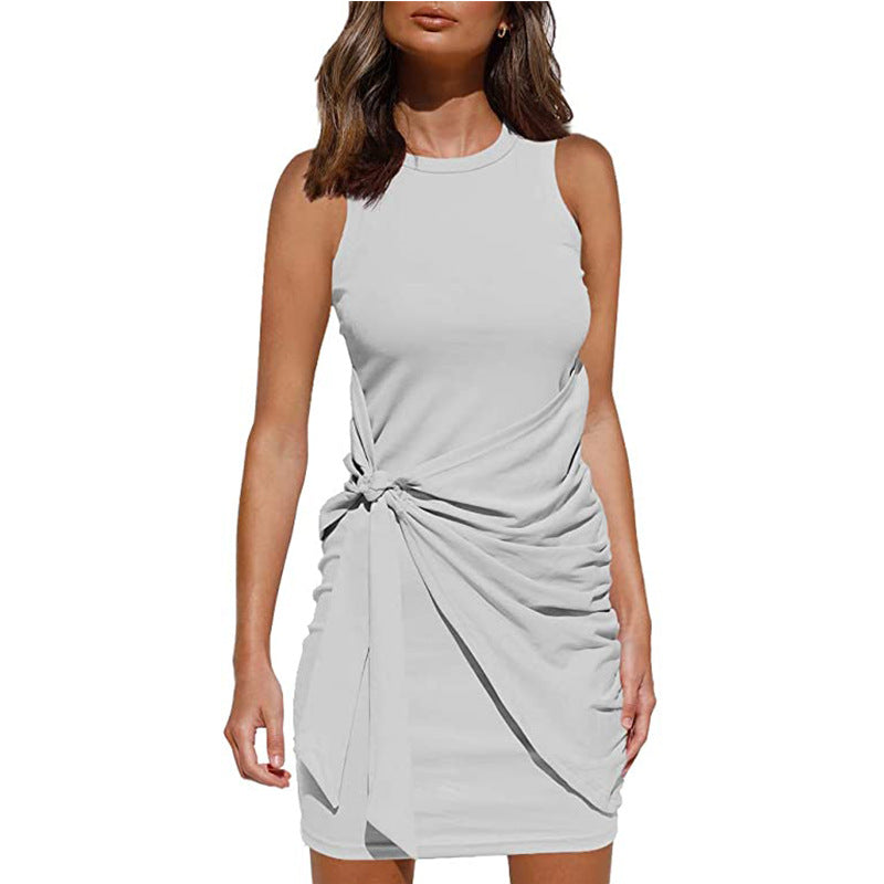 Women's Clothing Amazon Hot-selling Sleeveless Round Neck Bow Irregular Belt Dress