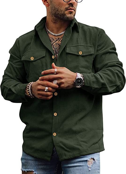 maoxiangshop-shop masculine men Men's New Corduroy Fashion Workwear Jacket Striped Casual Jacket Retro Double Pocket Versatile Shirt