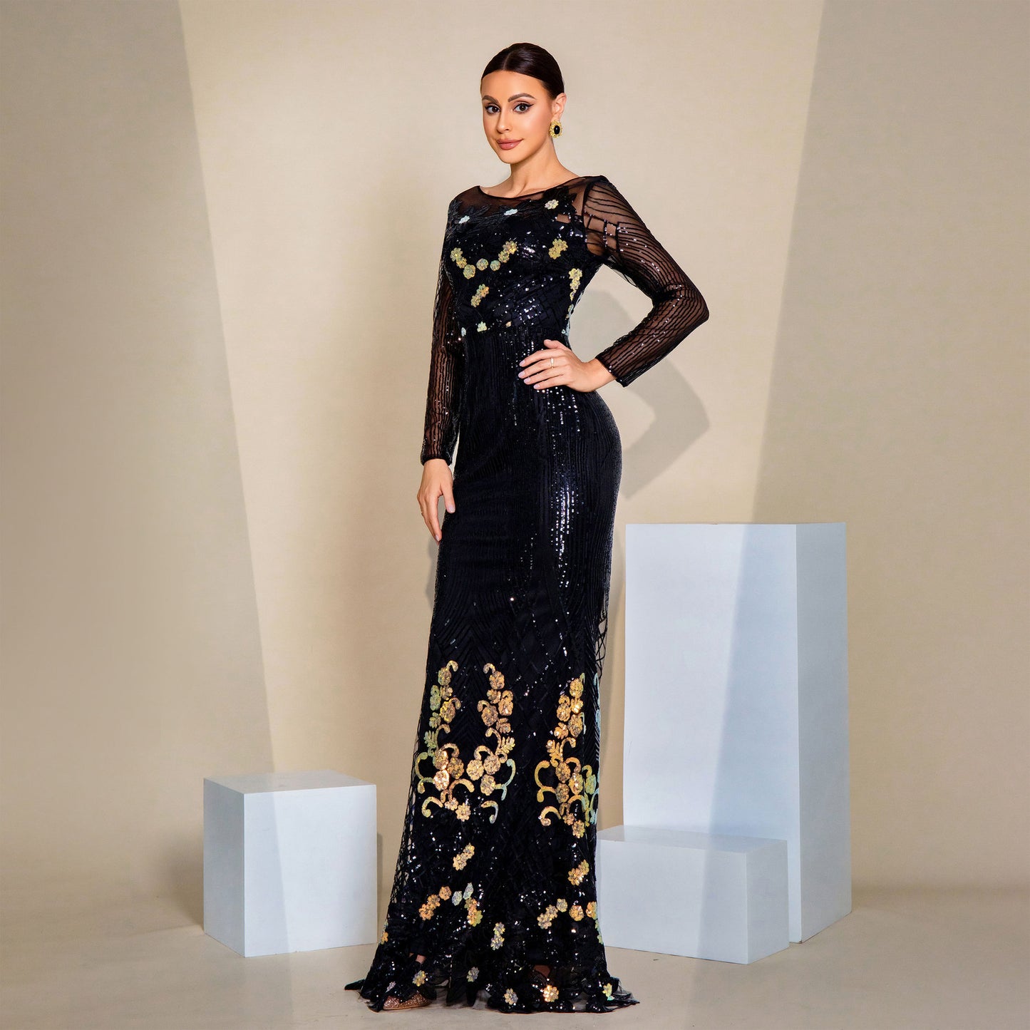 2025 high-end temperament sexy long sequins long sleeves crew neck banquet evening dress bridesmaid dress women