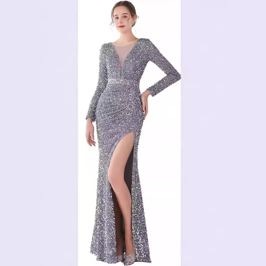 MAOXIANGSHOP popular New solid color chest wrap sequined high waist temperament commuting sweet long dress waist long dress split dress