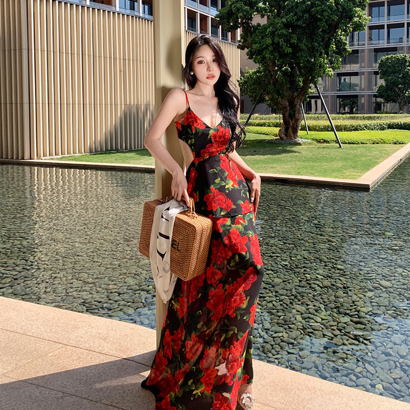 2025 New long chiffon floral waist suspender dress women's summer vacation retro backless long dress skirt