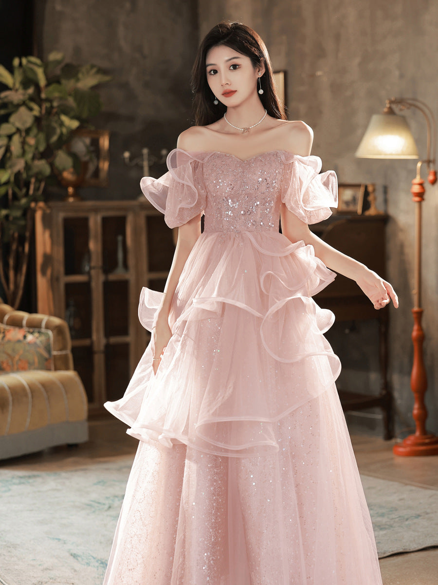 evening dress women's 2025 new temperament celebrity style presiding over art examination super fairy pink engagement banquet dress