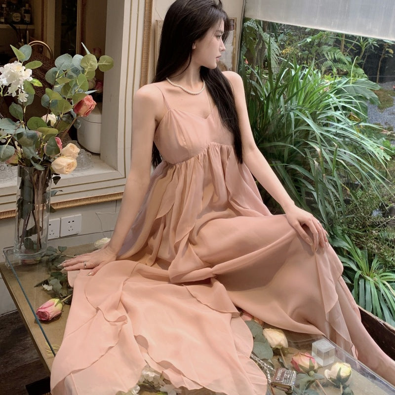 2025 2025 summer new beach dress suspender dress seaside vacation photo chiffon naked pink fairy dress