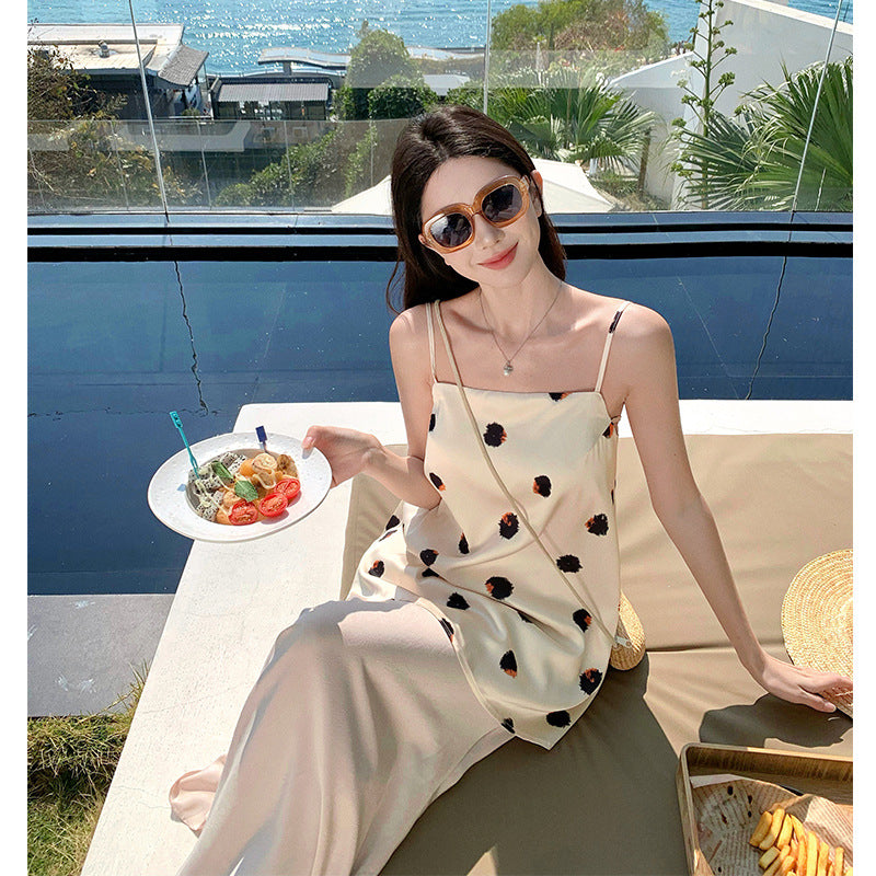 Holiday style suit temperament socialite polka dot suspender top satin skirt summer dress with a complete set of women