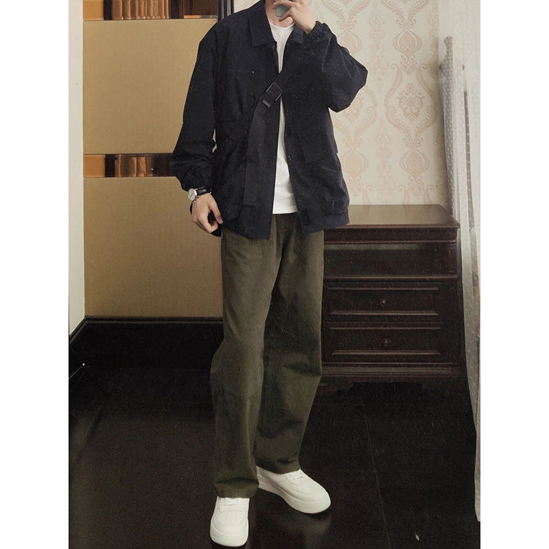 maoxiangshop-shop boy outfits Green Pu Handsome Pants Men's Spring and Autumn Japanese Retro Wide-Leg Pants Fashion Brand Straight Loose Casual Trousers