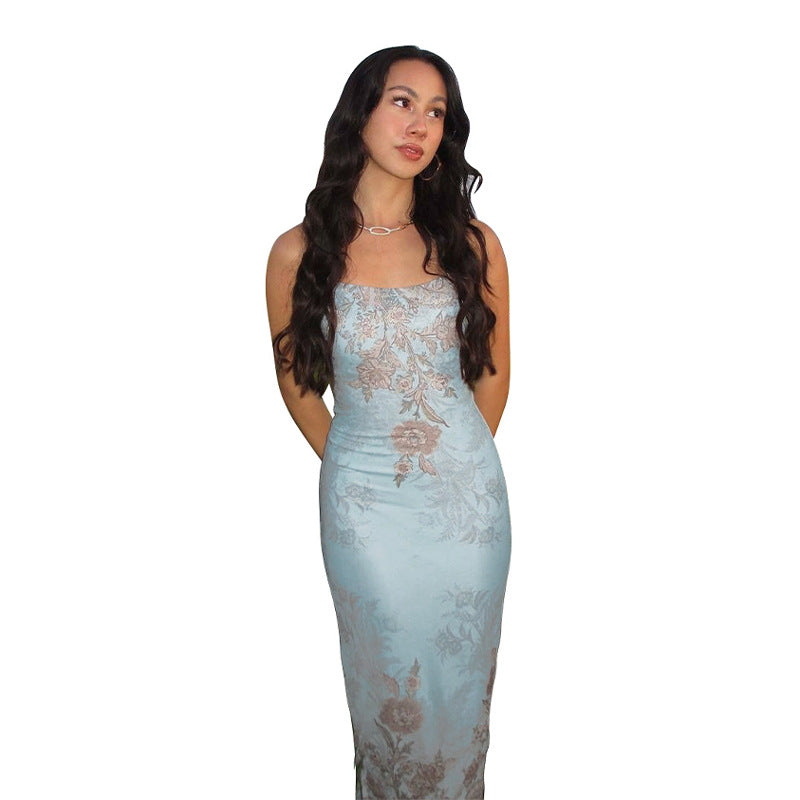 women's clothing summer new blue suspenders island style retro tie-dye hot girl sexy print dress