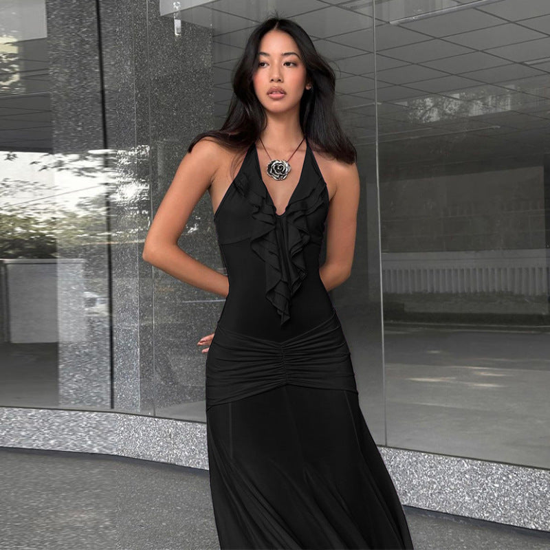 women's clothing summer new solid color slim high waist fashion halter neck sexy backless dress female