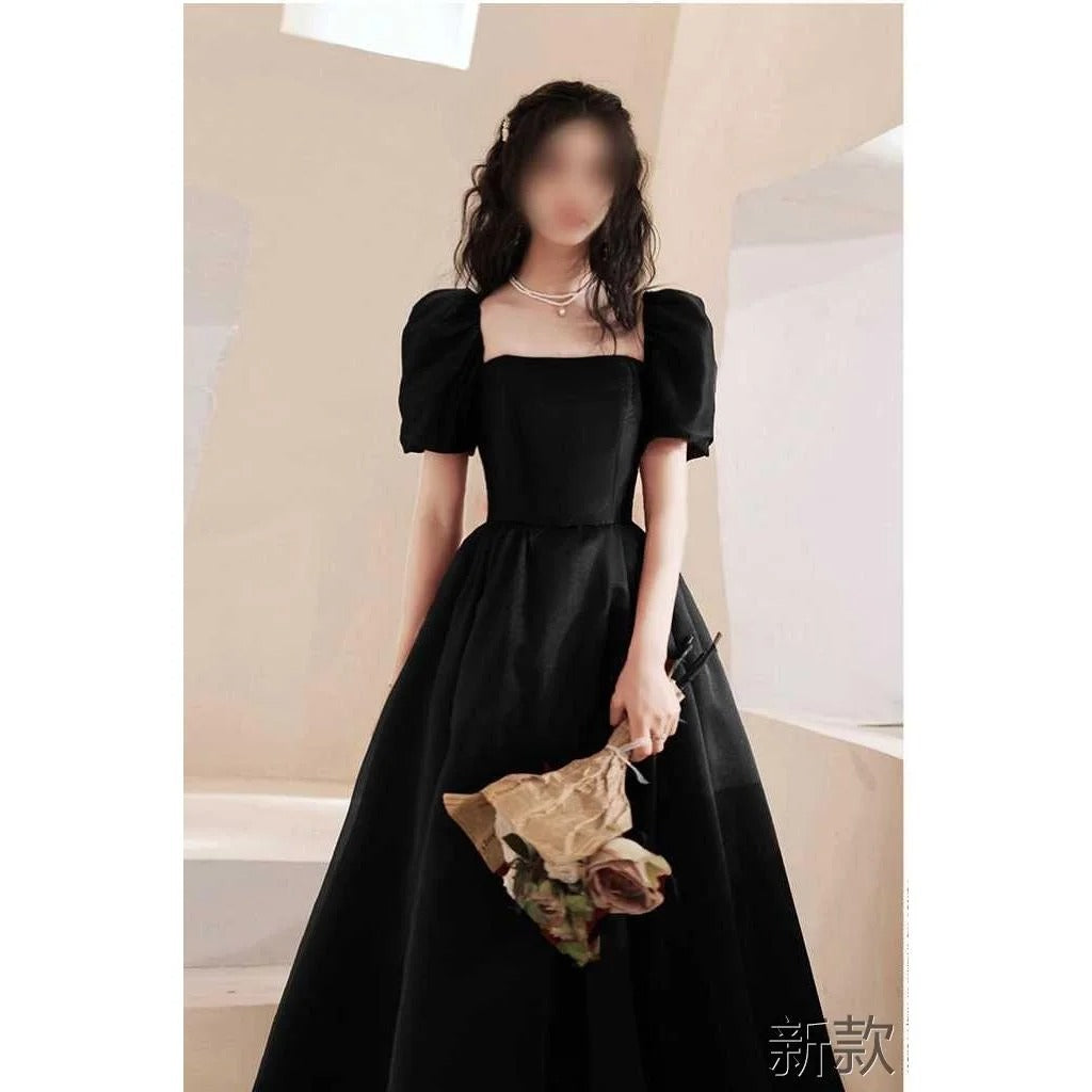 2025 Black banquet evening dress light luxury niche high-end long satin adult gift surface birthday host art test gift new model