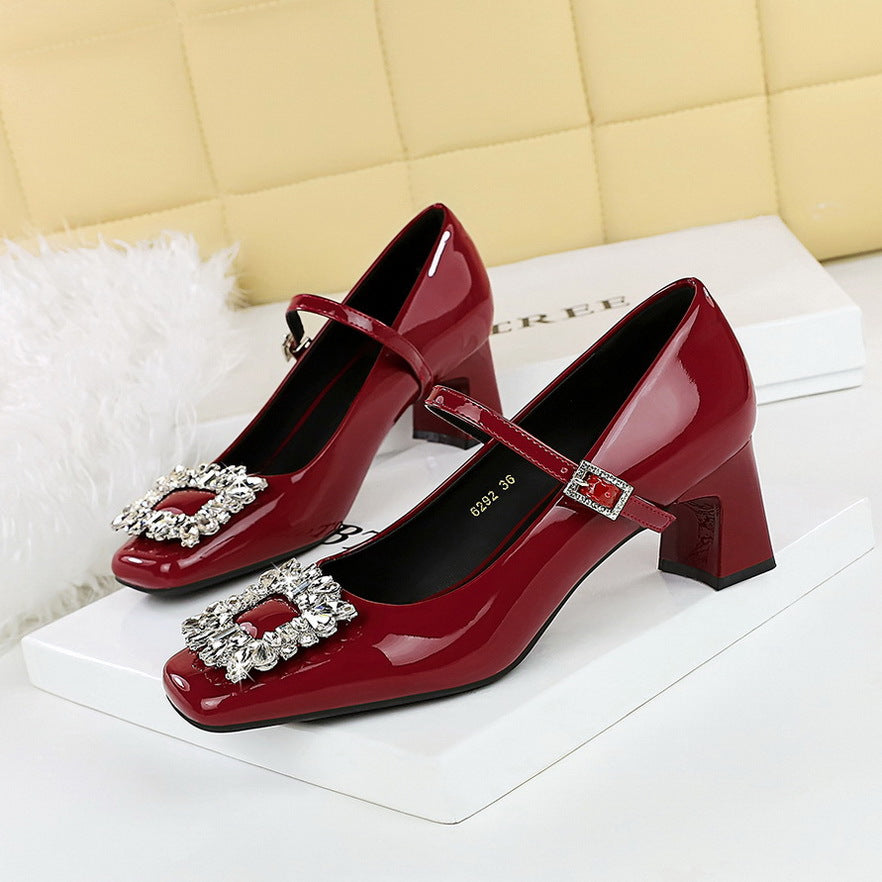6292-K90 2025 style Mary Jane shoes women's thick heel shallow mouth square head bright patent leather rhinestone word belt single shoes women