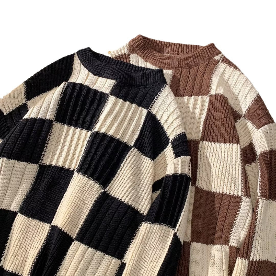 maoxiangshop-shop fall outfits aesthetic New Loose Sweater Japanese Style Lazy Retro Men's Autumn and Winter High-Grade Top Chessboard Plaid Sweater
