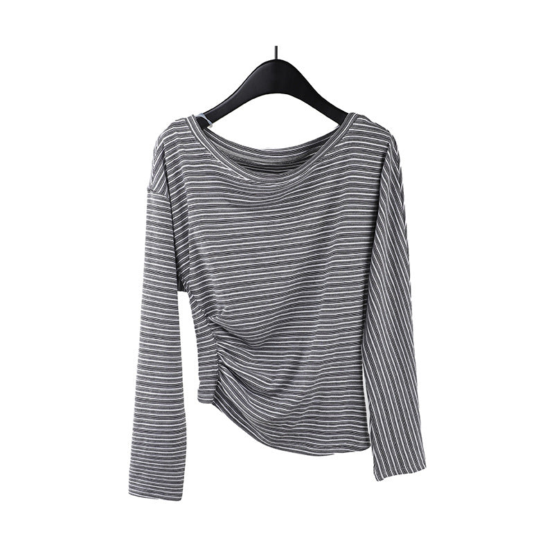 2025 Tencel striped contrasting color long-sleeved T-shirt women's 2025 spring new pleated versatile top T268