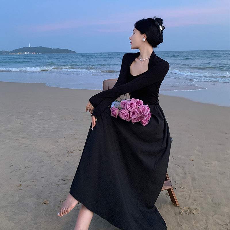 2025 Black square neck long-sleeved knitted dress spring and autumn new women's design sense niche thin skirt long dress