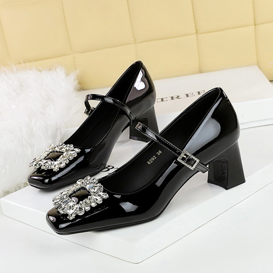 6292-K90 2025 style Mary Jane shoes women's thick heel shallow mouth square head bright patent leather rhinestone word belt single shoes women