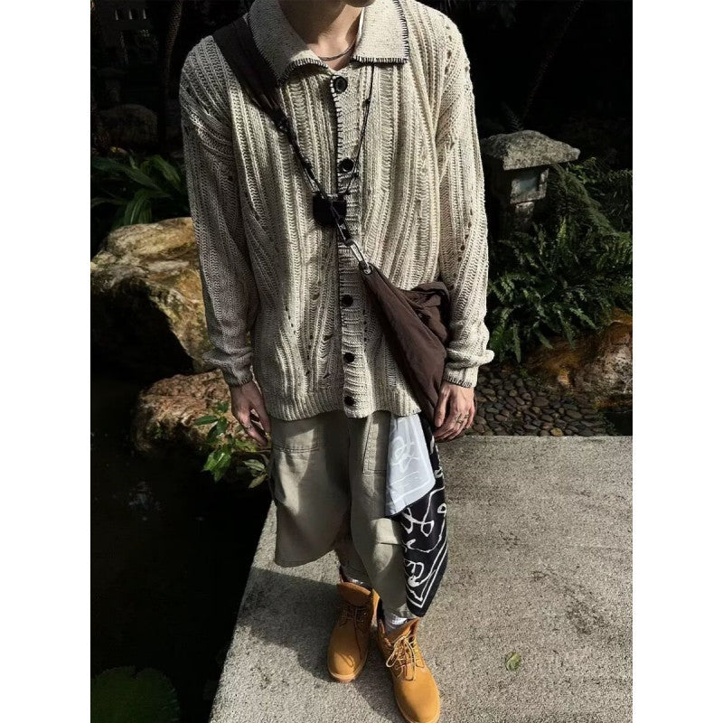 maoxiangshop-shop men fall outfits casual American Retro Lazy Style Hollow-out Sweater Men's Cardigan Button Sweater Coat Old Money Style High-Grade Wear Match