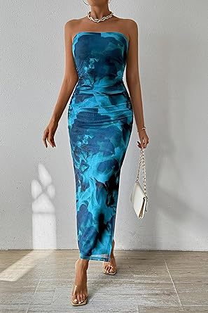 maoxiangshop 2024 Women's Clothing Spring and Summer New Tube Top and Hem Slit Sleeveless Printed Dress