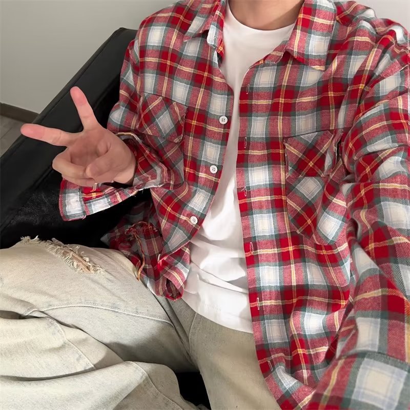 maoxiangshop-shop fall mens outfits American-Style Red Plaid Shirt Men's Spring and Summer New High Street Loose High-Grade Shirt Top