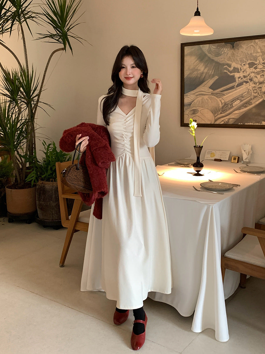 2025 popular autumn and winter high waist temperament V-neck neck dress temperament thin base long skirt 88141