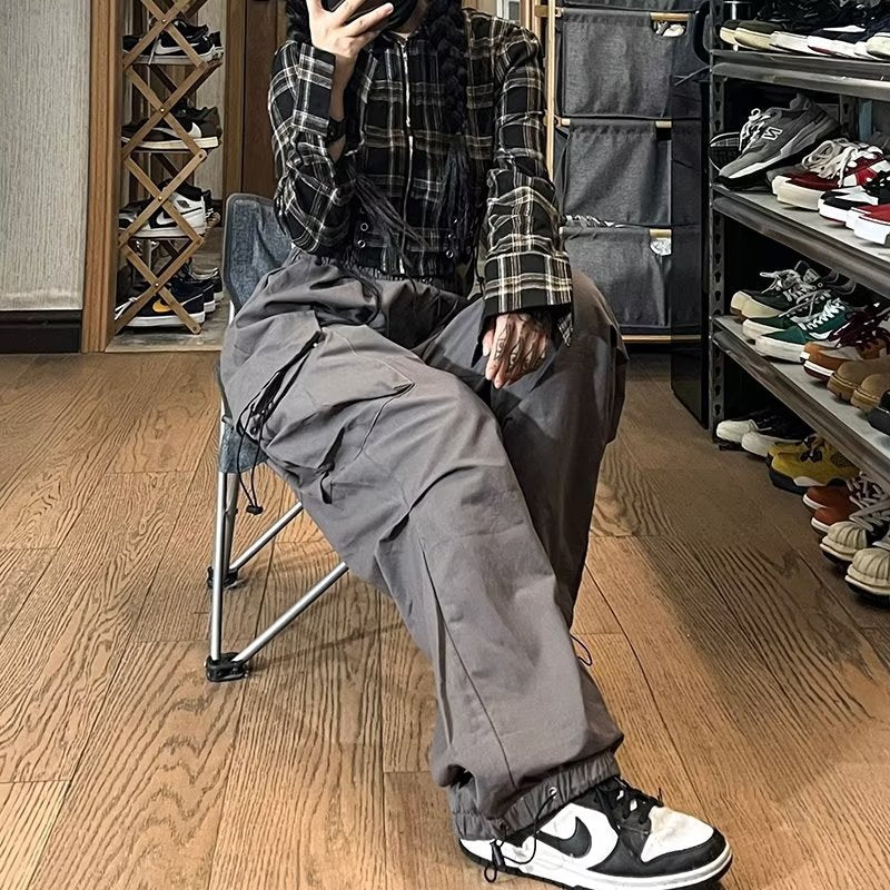 maoxiangshop-shop tomboy outfit Spring Drawstring Ankle-Tied Men's Japanese Retro Loose Large Pocket Straight Overalls Wide Leg Pants Simple All-Match