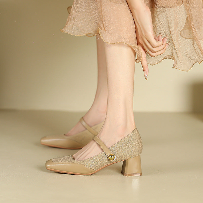 2025 5299-A2 one-word square head thick heel single shoes women's autumn 2025 new shallow middle heel professional commuter work women's shoes