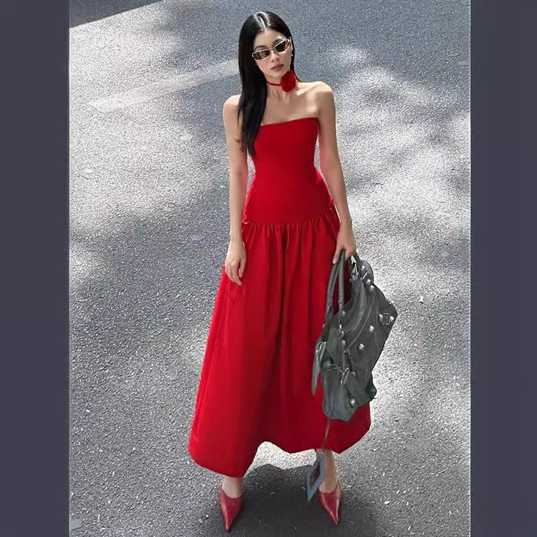 women's clothing summer new temperament elegant pleated design flower waist suspender dress