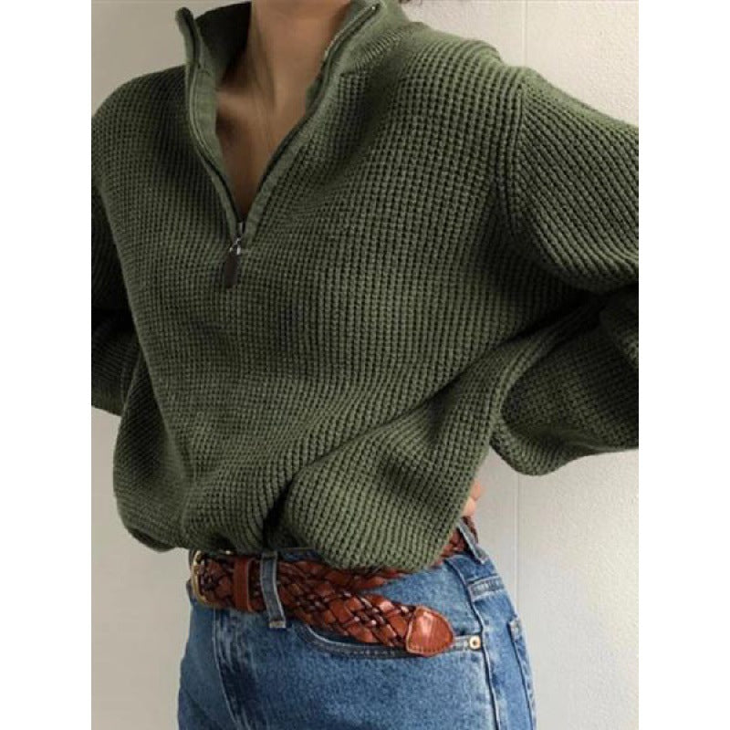 maoxiangshop casual fall outfits Autumn and Winter Women's Clothing Popular Zipper Stand Collar Long Sleeve Loose Sweater for Women
