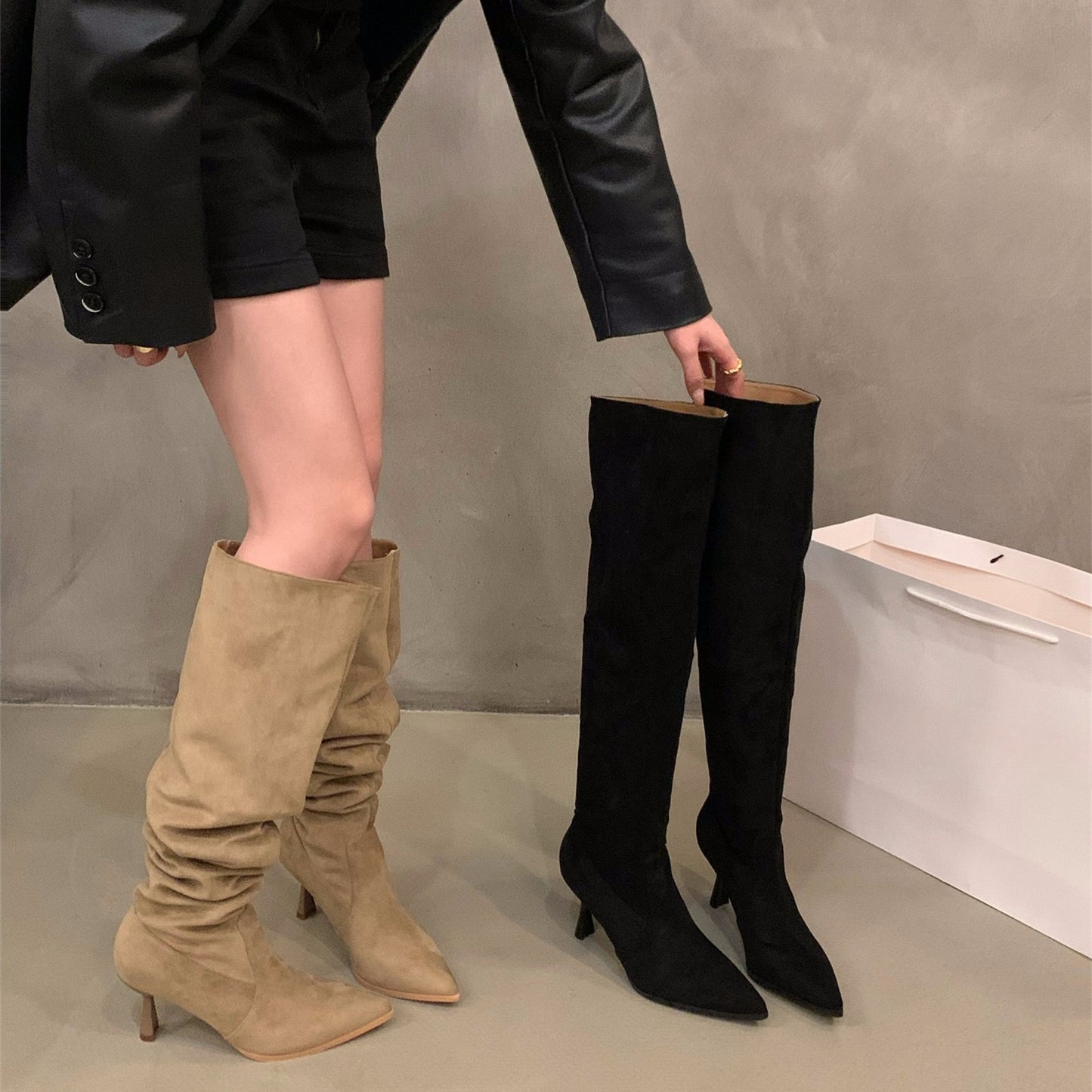 2025 High Heel Khaki Over Knee Pile Boots Women's Shoes popular New Autumn and Winter Pointed Skinny Long Knight Boots