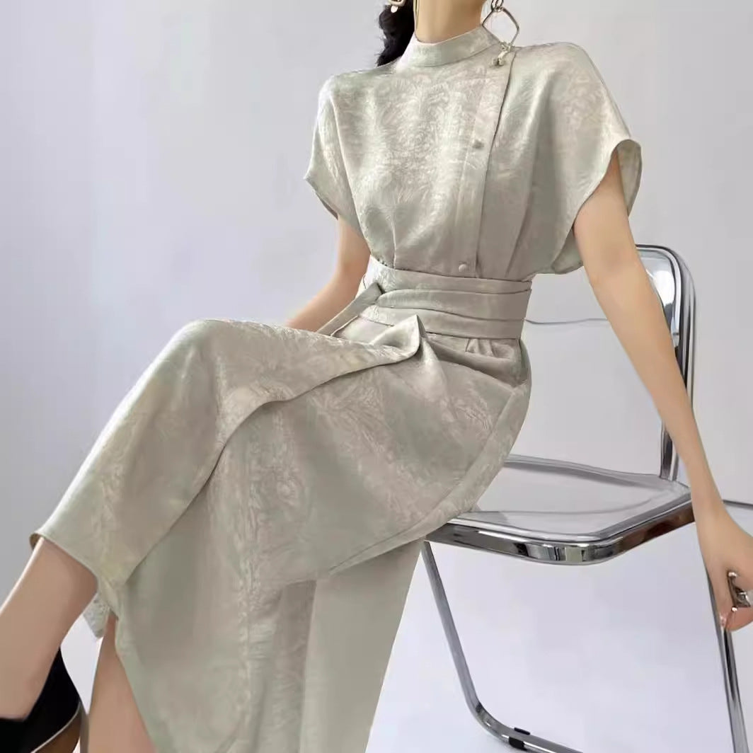 2025 High-end new Chinese jacquard asymmetrical design new strap-up slim dress high-end human silk dress