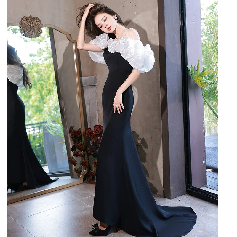 Evening dress women's banquet temperament can usually wear black high-end light luxury niche celebrity one-word shoulder trailing dress