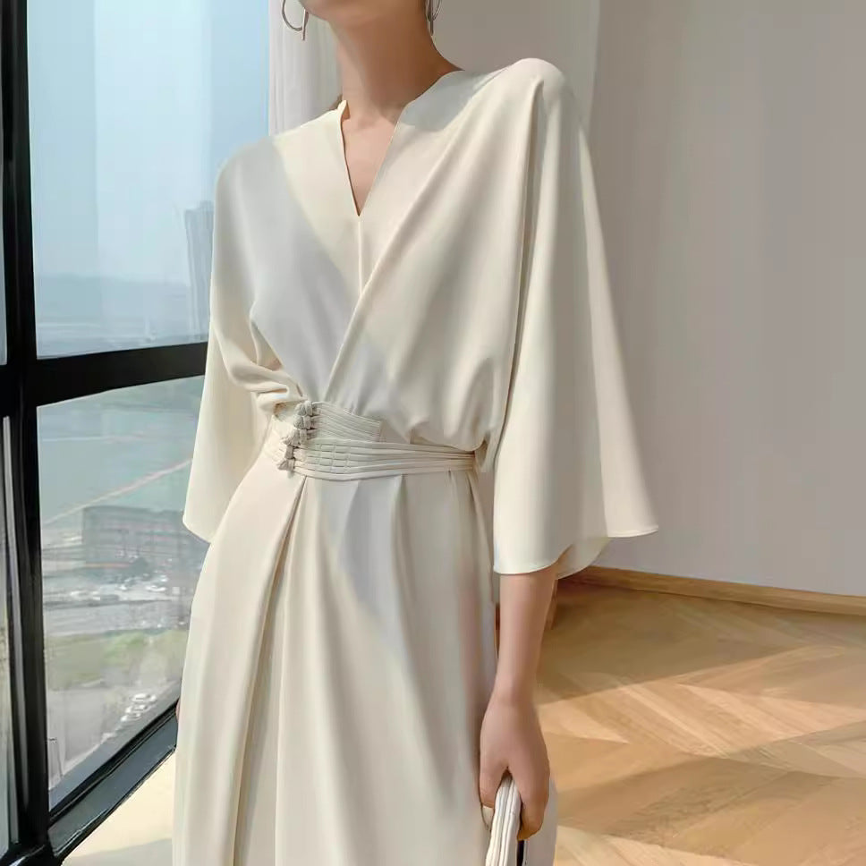 2025 2022 summer new women's clothing retro national style handmade buckle solid color v-neck dress high waist thin solid color dress