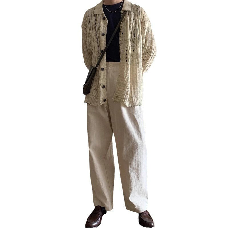maoxiangshop-shop men fall outfits casual American Retro Lazy Style Hollow-out Sweater Men's Cardigan Button Sweater Coat Old Money Style High-Grade Wear Match