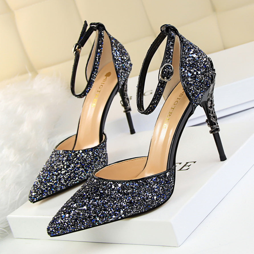 283-A5 2025 sexy hollow women's shoes metal decorative high heel shallow mouth pointed sequins word with hollow sandals
