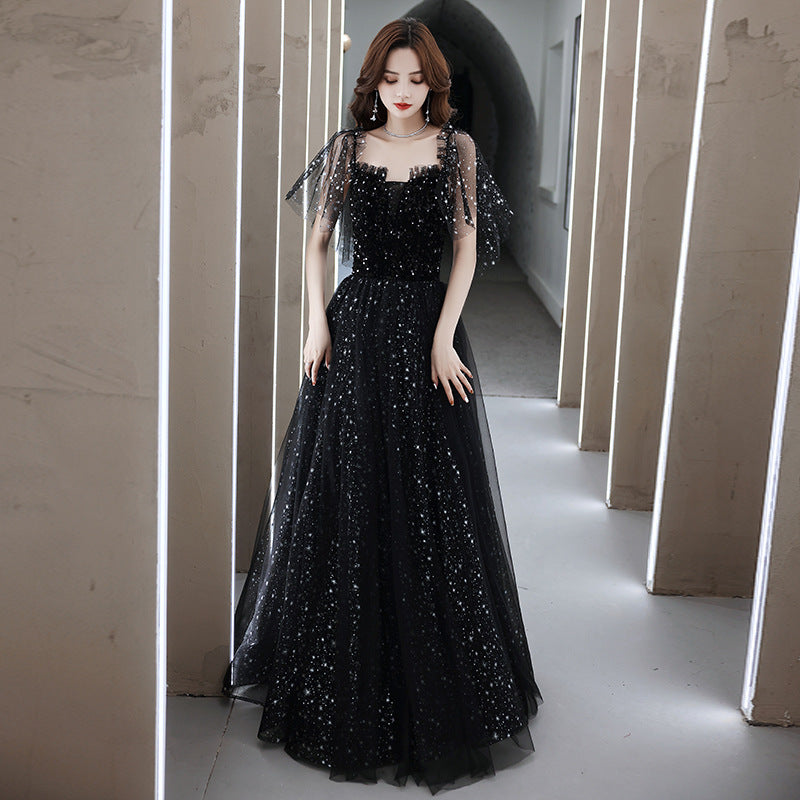 2025 Black adult birthday party evening dress female high-end light luxury niche advanced sense art test performance host