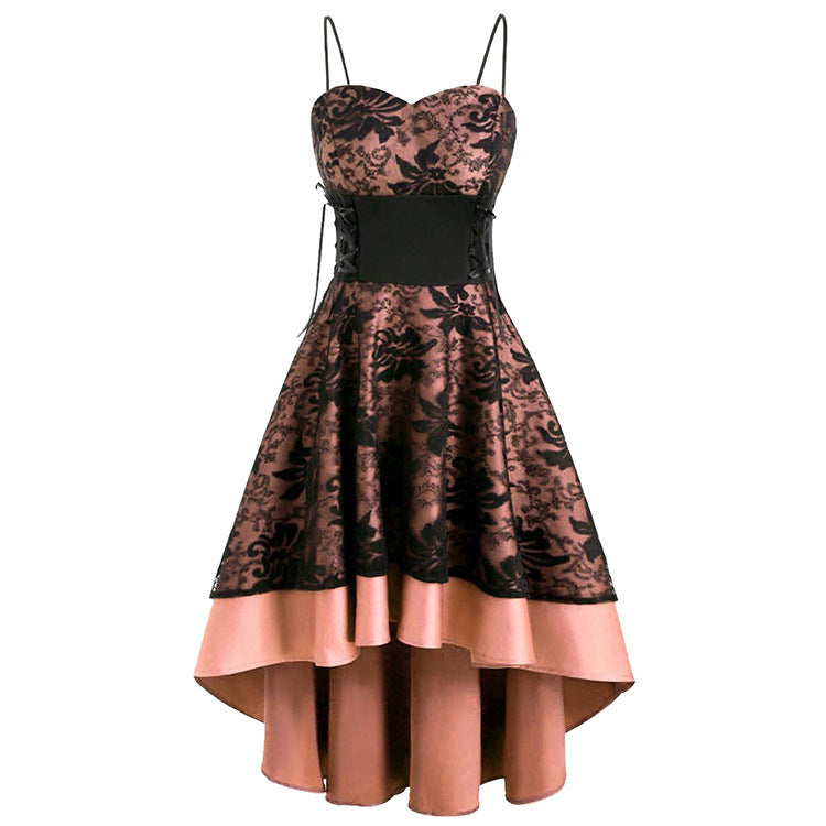 maoxiangshop group halloween costumes Vintage Strap Tube Top Fishtail Lace Hollow-out Lace-up Slim Fit Large Swing Dress for Women Dress