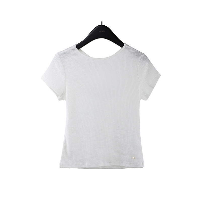 2025 kink backless design short-sleeved T-shirt women's 2025 summer Korean simple solid color top 015AX