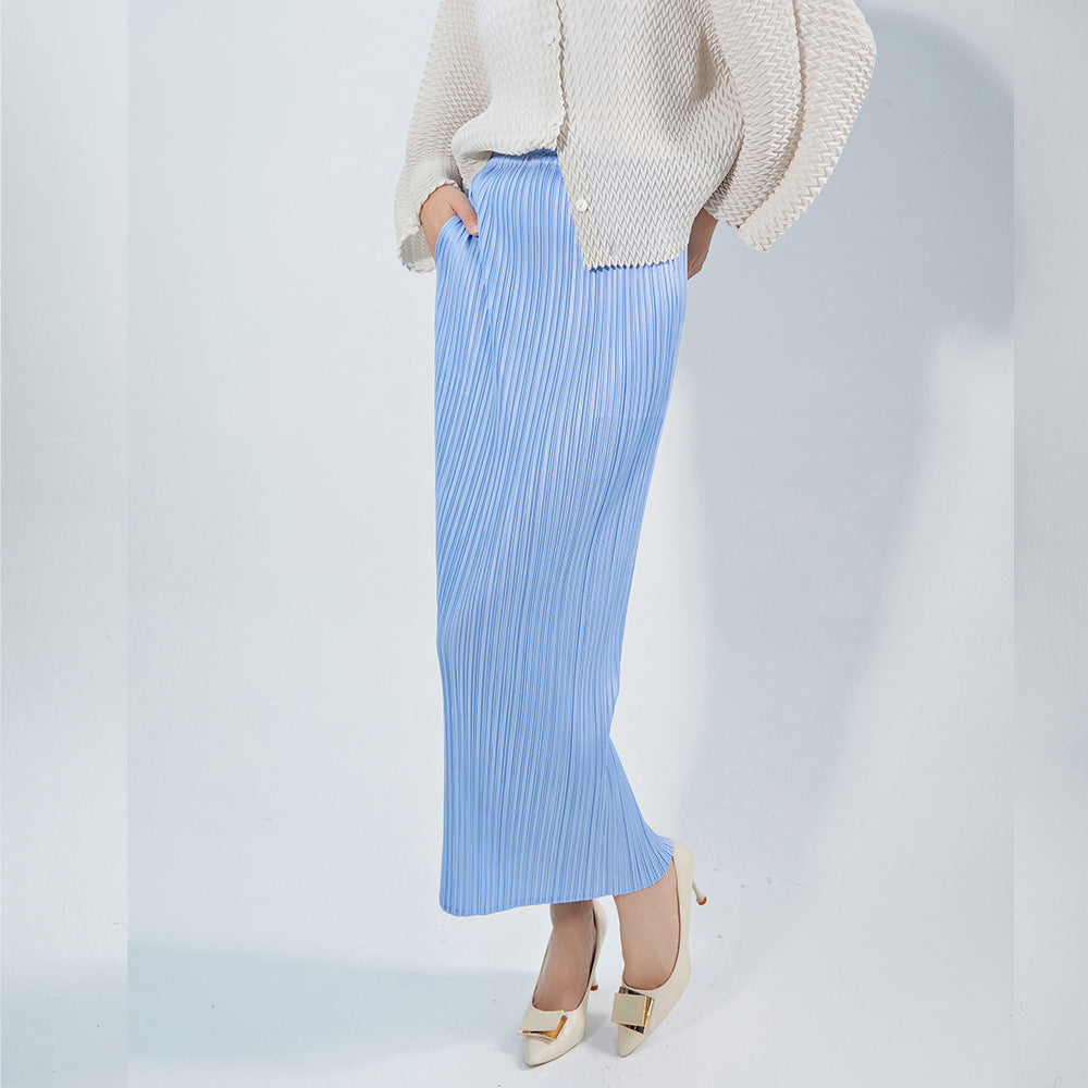 skirt, medium and long, high waist spring and summer drape solid color, high-end Popular style versatile pleated hip skirt looks thin