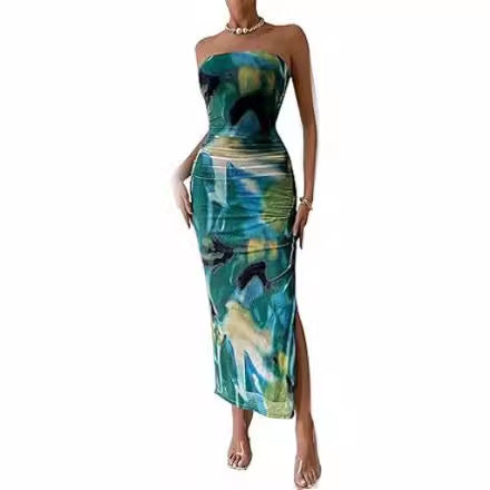 maoxiangshop 2024 Women's Clothing Spring and Summer New Tube Top and Hem Slit Sleeveless Printed Dress