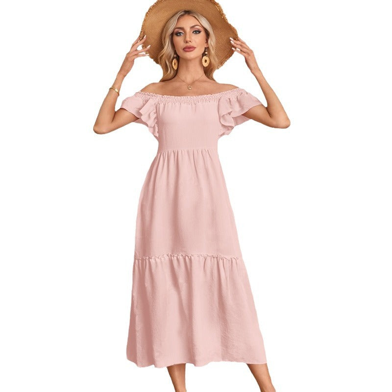maoxiangshop Women's Clothing Flying Sleeve Square Neck Off-shoulder Pleated Hem Dress
