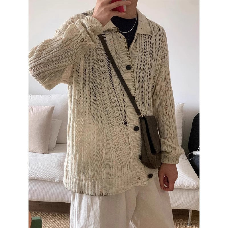 maoxiangshop-shop men fall outfits casual American Retro Lazy Style Hollow-out Sweater Men's Cardigan Button Sweater Coat Old Money Style High-Grade Wear Match
