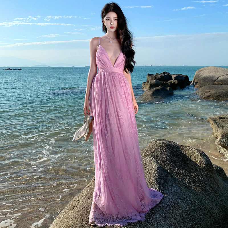 Sanya beach skirt suspender deep V-neck sexy backless lace mesh dress vacation wind elegant travel photo dress