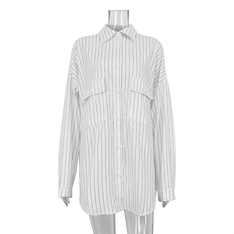 maoxiangshop 2000s fashion New Autumn Lapel Long Sleeve Striped Shirt Coat Fashionable Loose Casual Shirt for Women