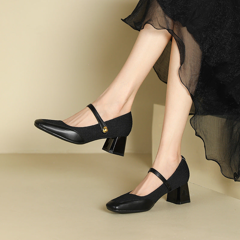 2025 5299-A2 one-word square head thick heel single shoes women's autumn 2025 new shallow middle heel professional commuter work women's shoes