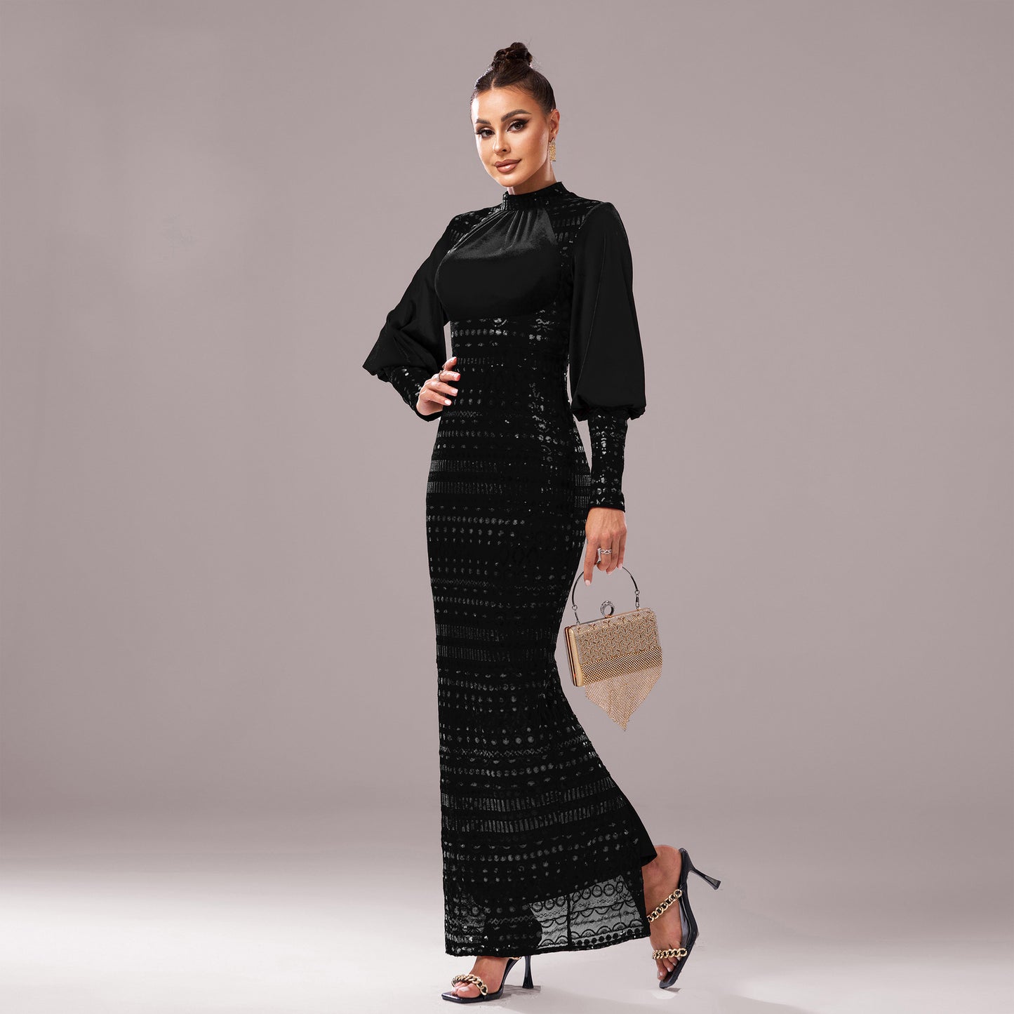 2025 new high-end long-sleeved crew neck banquet sequined hip-wrapped split evening dress bridesmaid dress women