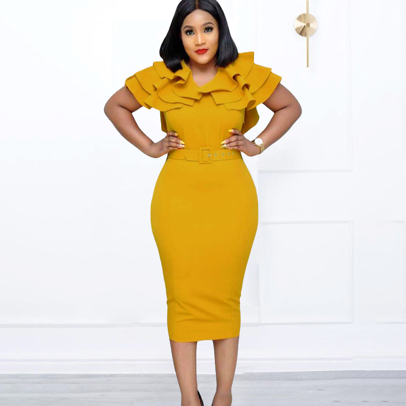 2025 D012 Hot Trade Women's Clothing popular African Large Size Lotus Leaf Edge Hip Wrap OL Short Sleeve 2025 Dress