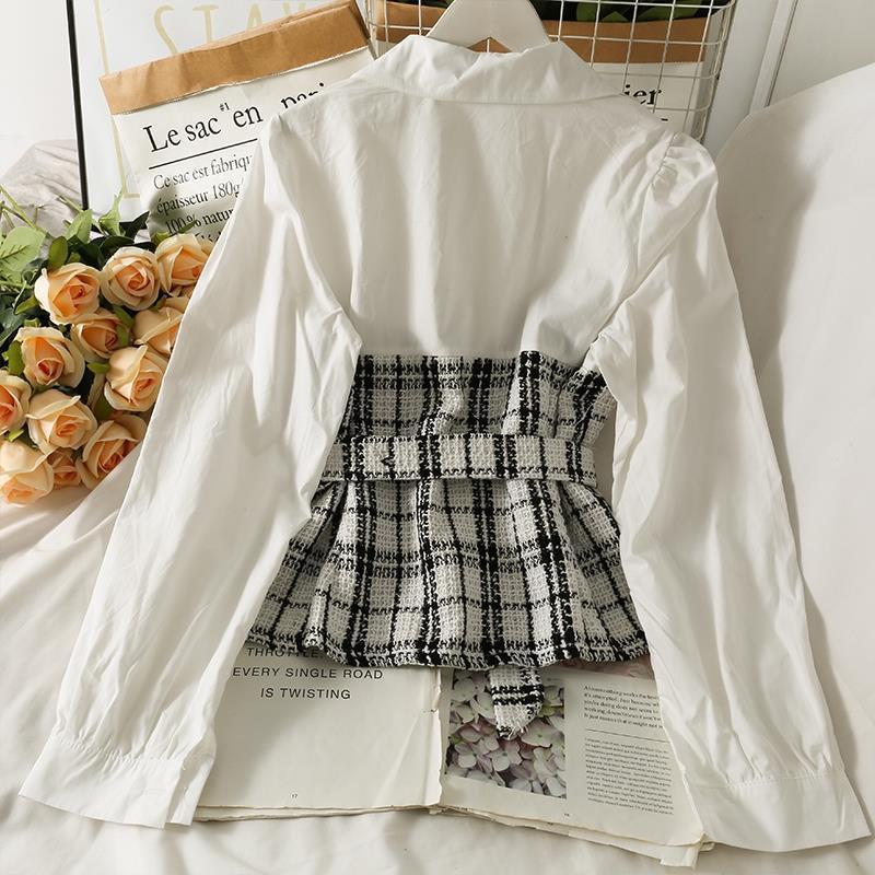 maoxiangshop-shop work outfits women Korean Style Retro Contrast Color Stitching Tweed Fake Two-Piece Shirt Women's Autumn High Waist Lace-up Slim Lapel Long Sleeve Top