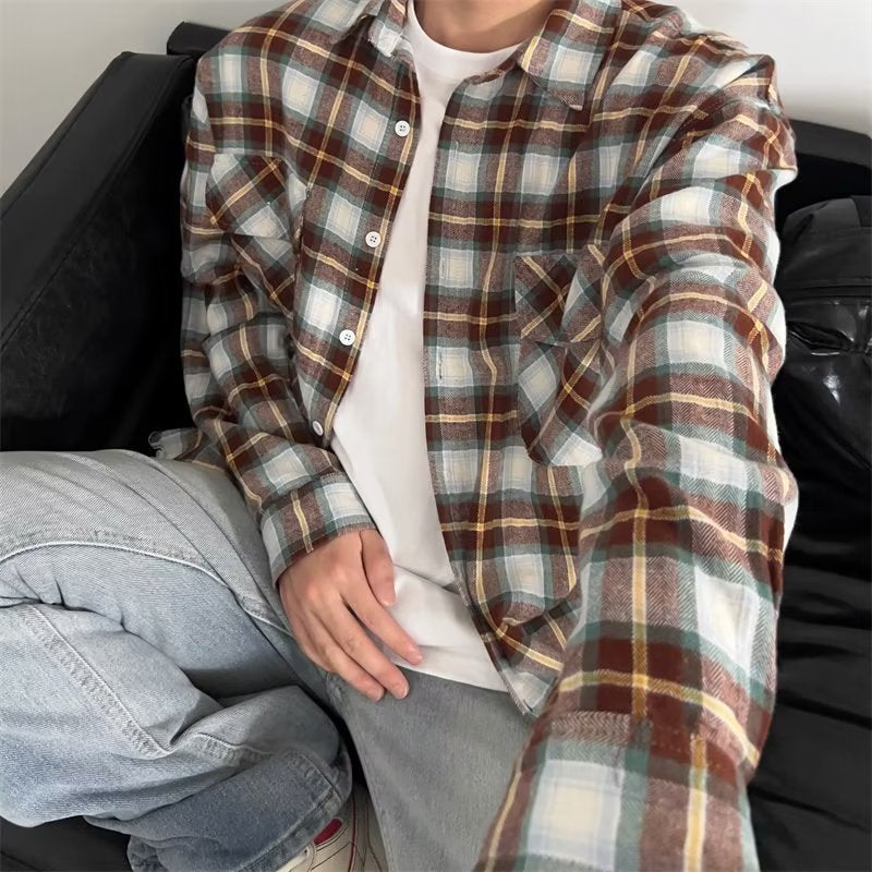 maoxiangshop-shop fall mens outfits American-Style Red Plaid Shirt Men's Spring and Summer New High Street Loose High-Grade Shirt Top