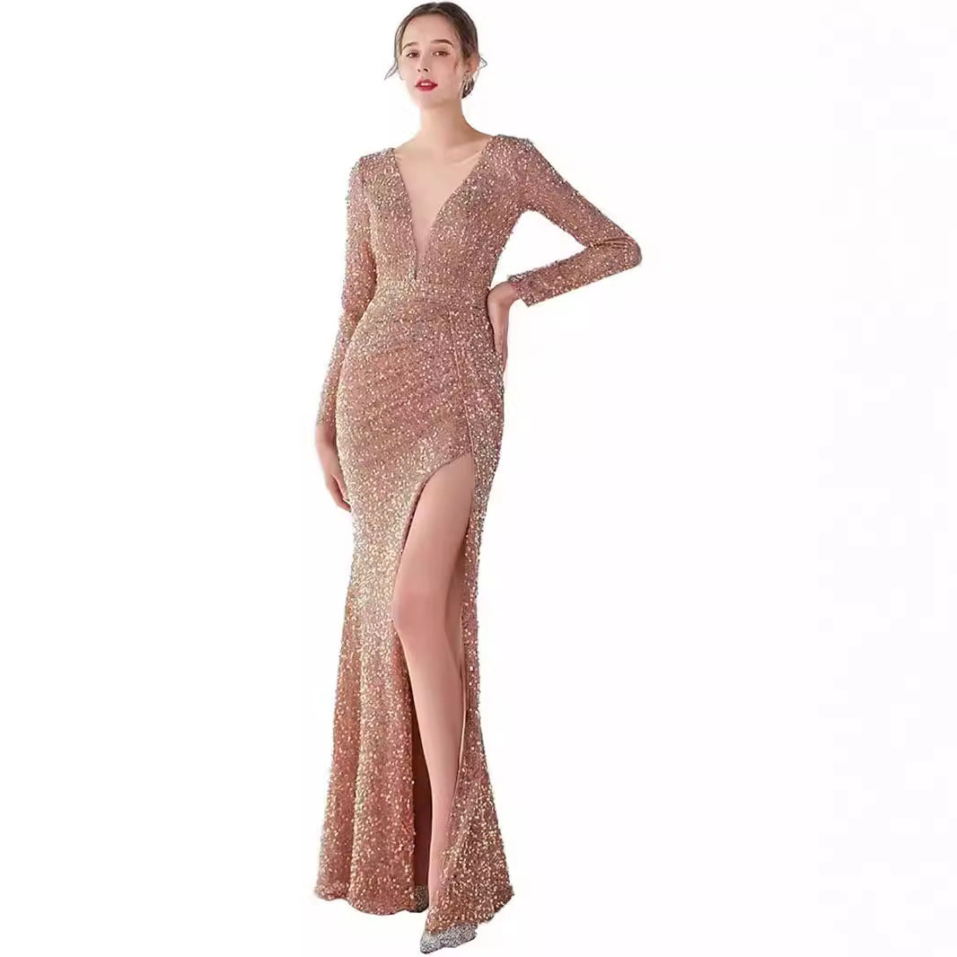 MAOXIANGSHOP popular New solid color chest wrap sequined high waist temperament commuting sweet long dress waist long dress split dress